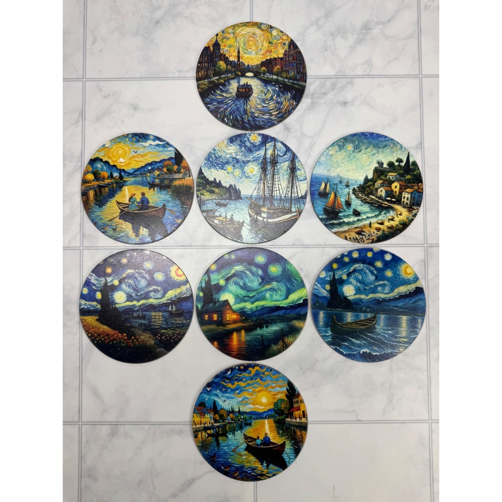 Van Gogh Starry Night Style Nautical Coasters Set of 8 Art Impressionist Decor